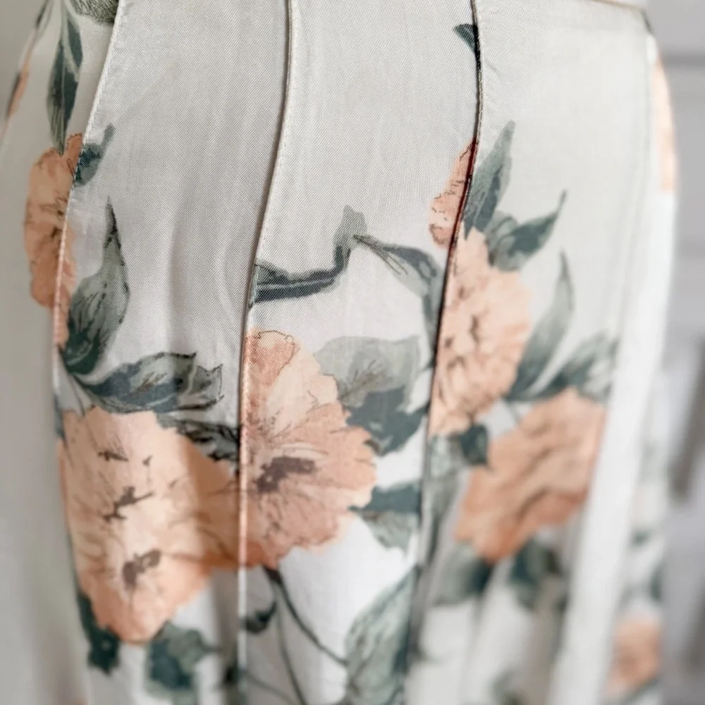 MNG Mango Peach & Green Floral Cream A-line Skirt Size 8